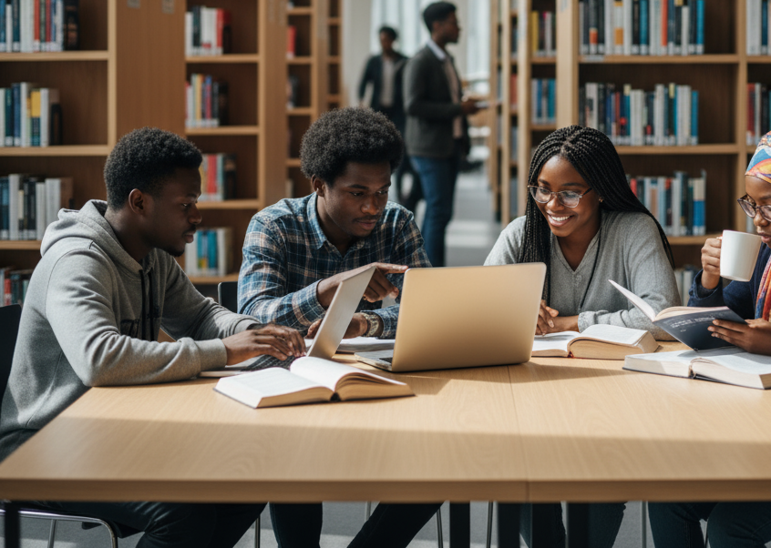 students reading in the library